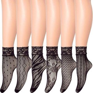 6 Pairs Women Black Nylon Lace Fishnet Anklet Dress Socks